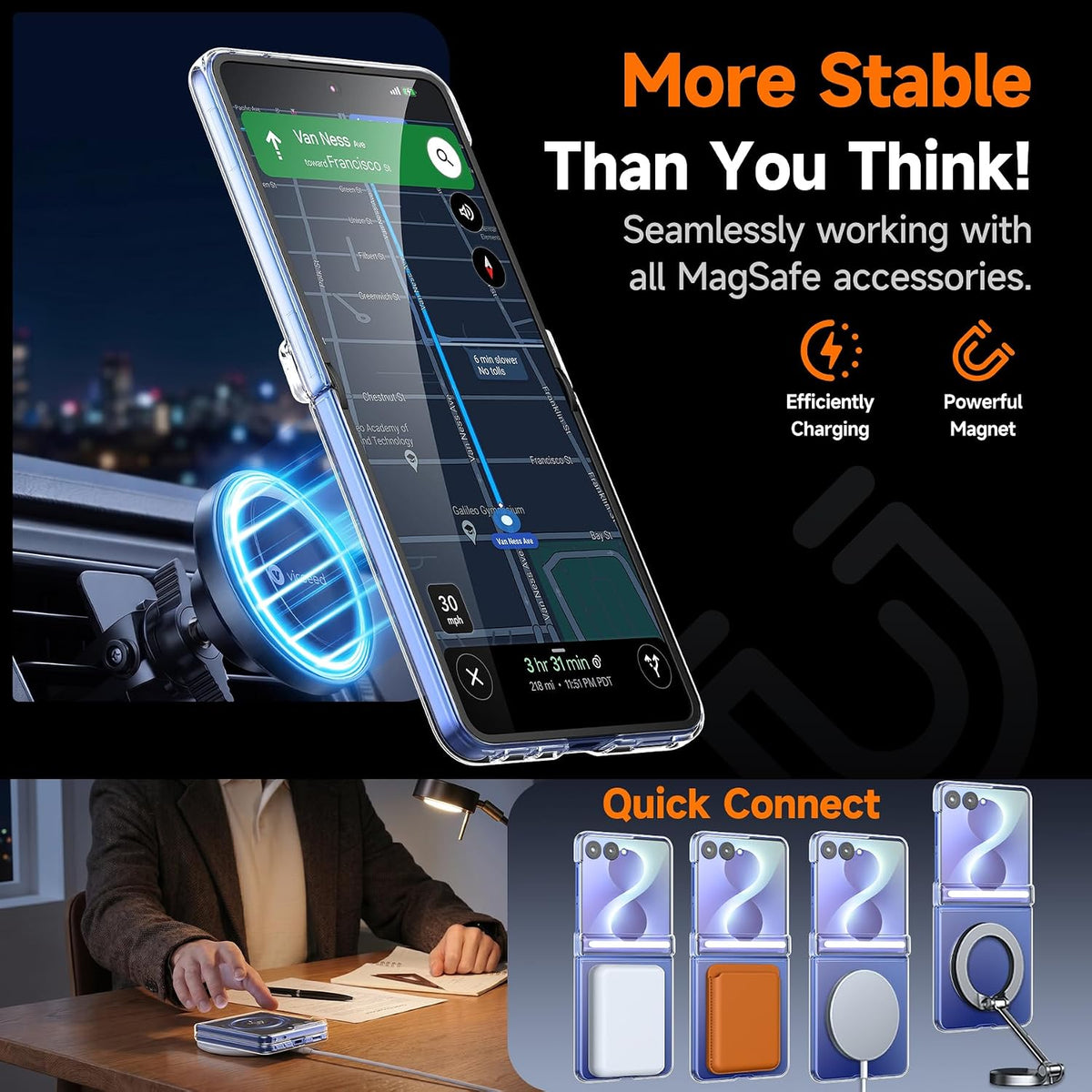 Samsung Z Flip8 Crystal Clear Anti Yellowing Case with Magsafe, 360° Rotational Metal Ring & Hinge Protection