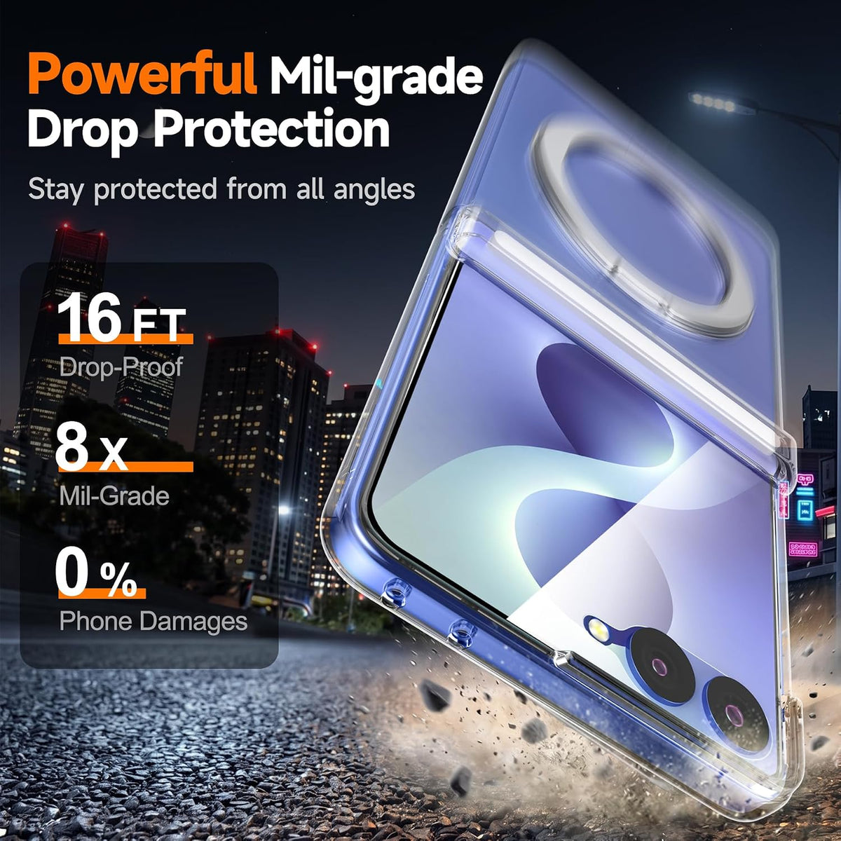 Samsung Z Flip8 Crystal Clear Anti Yellowing Case with Magsafe, 360° Rotational Metal Ring & Hinge Protection