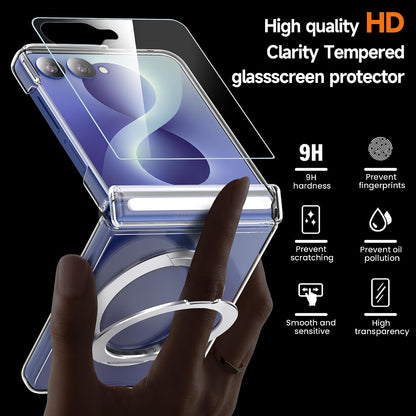 Samsung Z Flip8 Crystal Clear Anti Yellowing Case with Magsafe, 360° Rotational Metal Ring & Hinge Protection