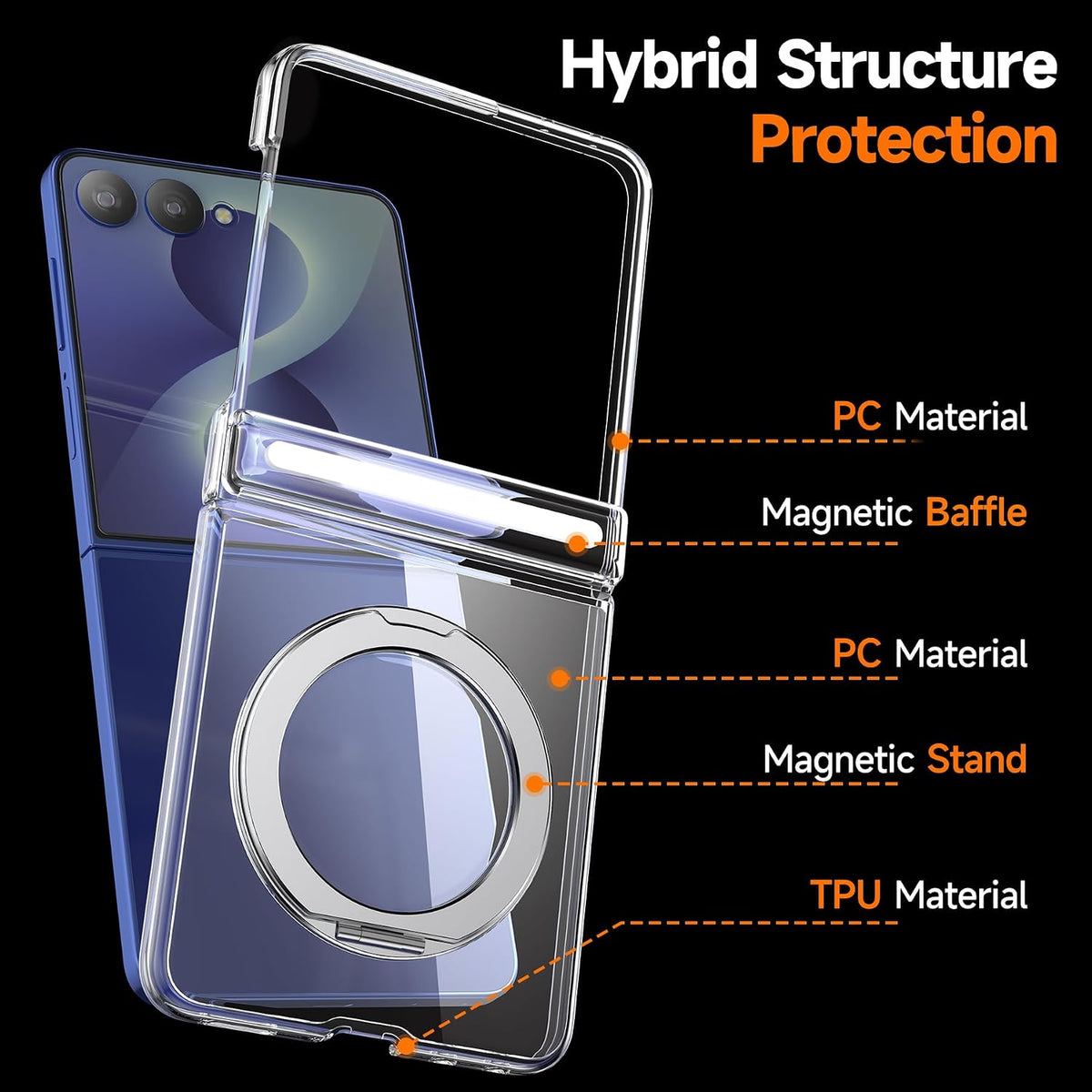 Samsung Z Flip8 Crystal Clear Anti Yellowing Case with Magsafe, 360° Rotational Metal Ring & Hinge Protection