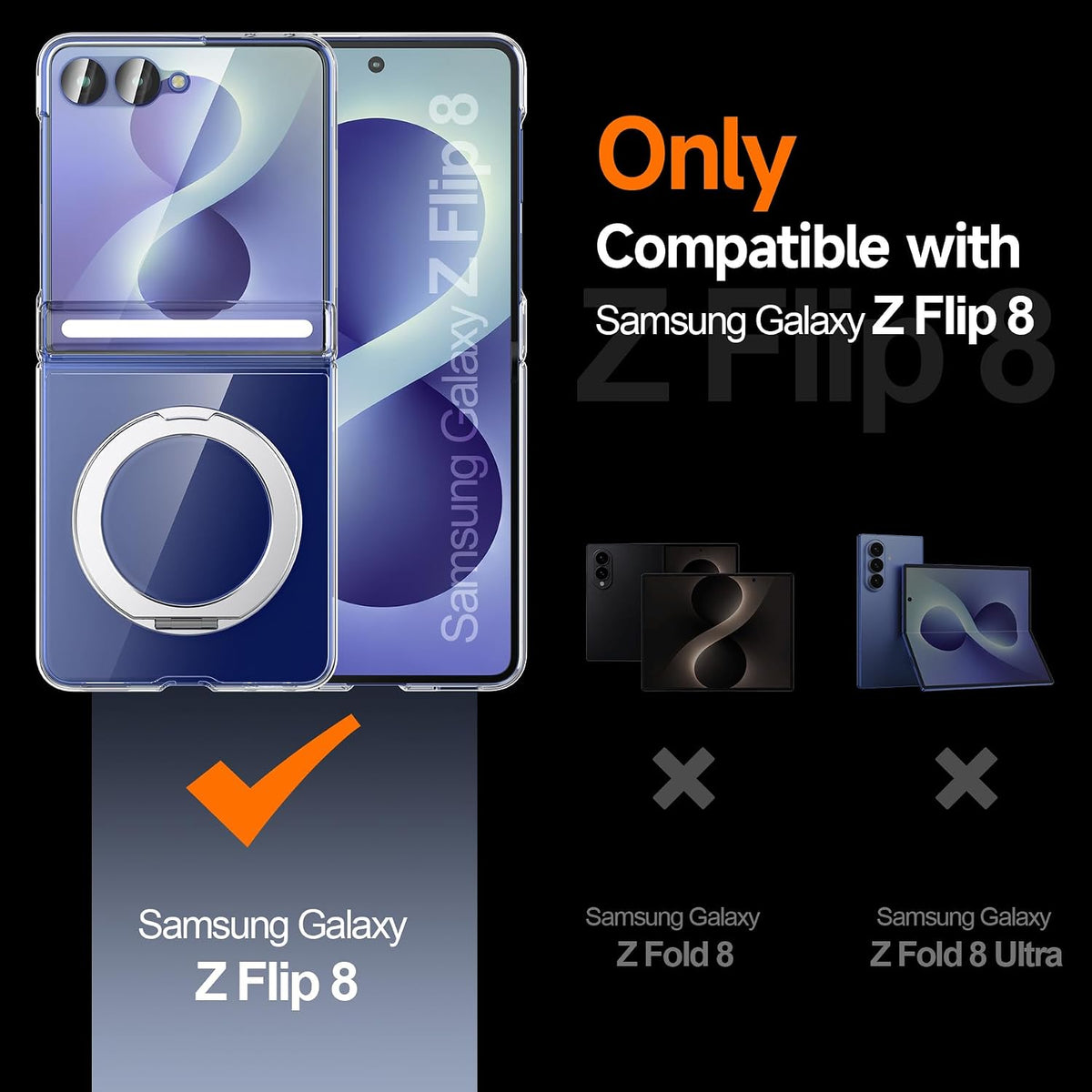 Samsung Z Flip8 Crystal Clear Anti Yellowing Case with Magsafe, 360° Rotational Metal Ring & Hinge Protection