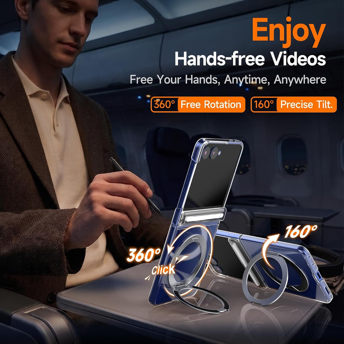 Samsung Z Flip8 Crystal Clear Anti Yellowing Case with Magsafe, 360° Rotational Metal Ring & Hinge Protection