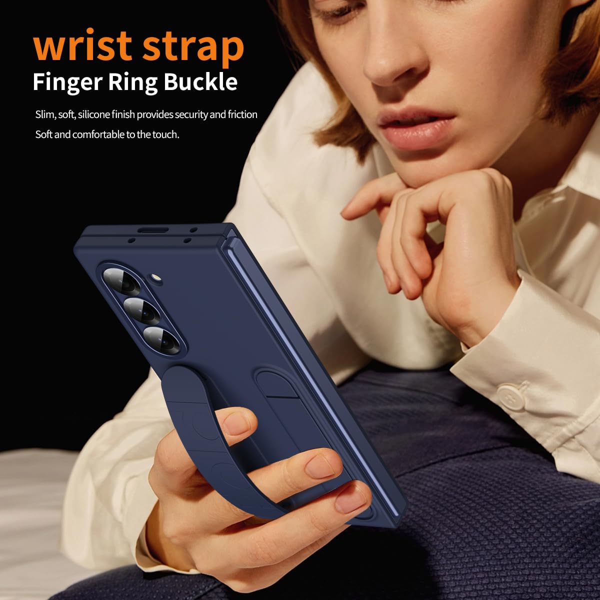 Samsung Z Fold8 Ultra Skin Feel Silicon Case with Kickstand & Band in Built Front Glass - Blue