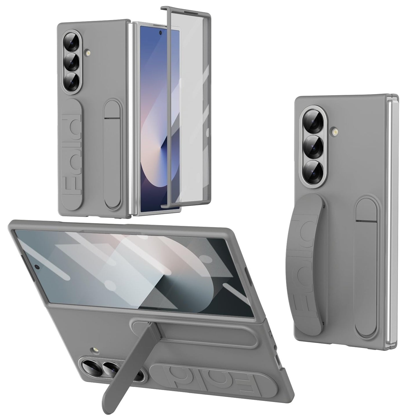 Samsung Z Fold8 Ultra Skin Feel Silicon Case with Kickstand & Band in Built Front Glass - Grey
