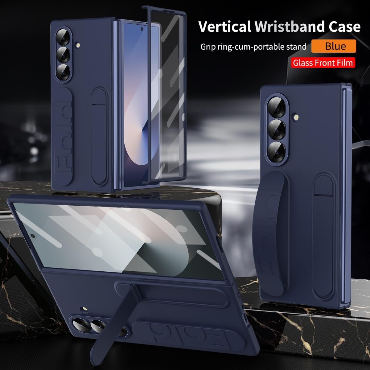 Samsung Z Fold8 Ultra Skin Feel Silicon Case with Kickstand & Band in Built Front Glass - Blue