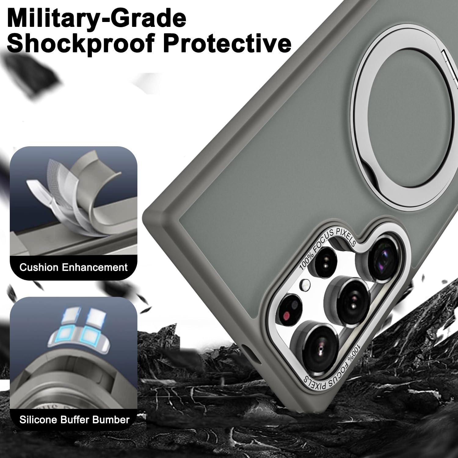Samsung Galaxy S23 Ultra 360° Rotatable Magnetic Ring with Magsafe Scratchproof Translucent Matte Kickstand Case - Titanium Grey