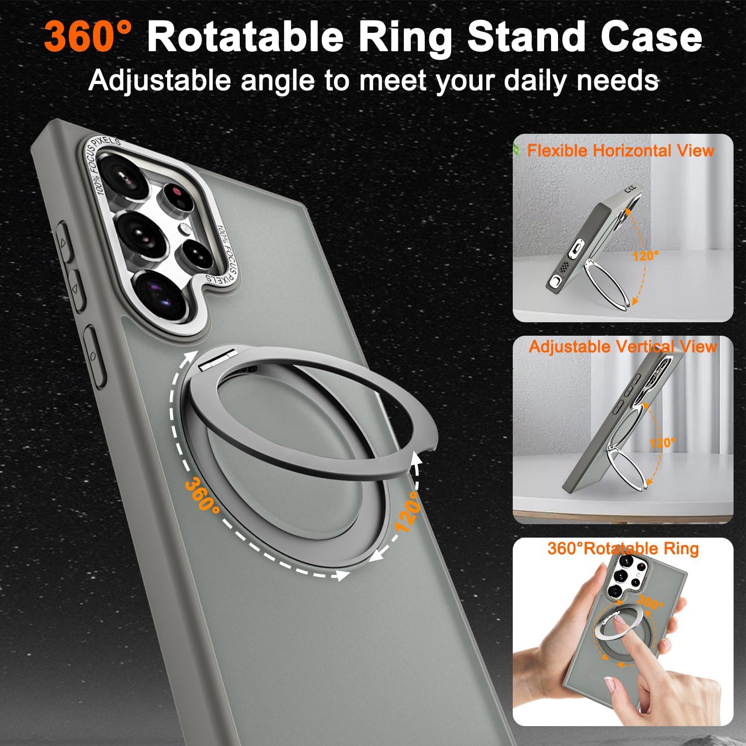Samsung Galaxy S23 Ultra 360° Rotatable Magnetic Ring with Magsafe Scratchproof Translucent Matte Kickstand Case - Titanium Grey