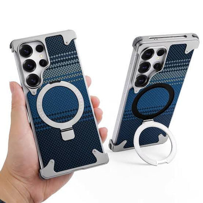 Samsung Galaxy S26 Ultra Metal Bumper Case, Frameless Leather Magnetic Invisible Stand Cover - Blue