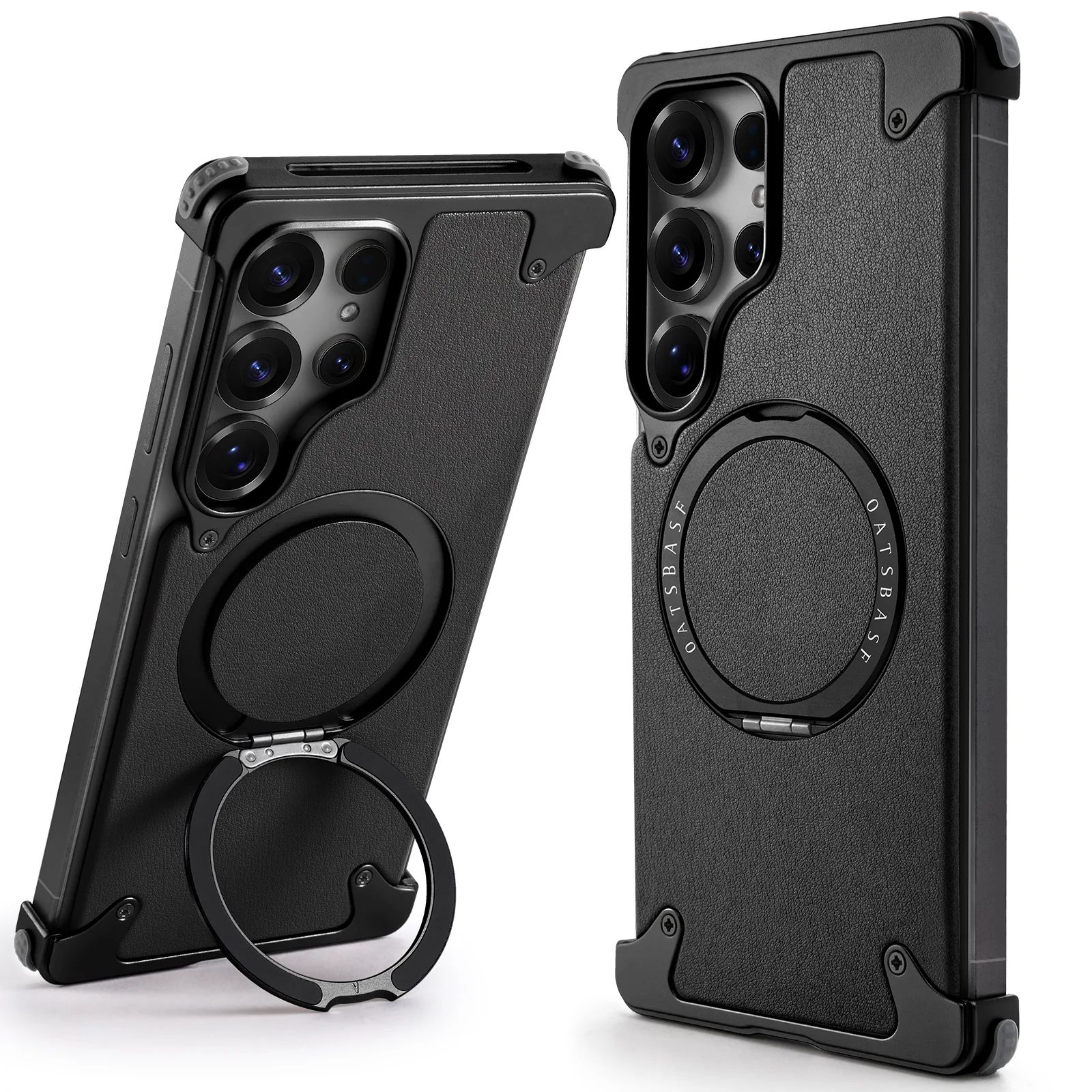 Samsung Galaxy S26 Ultra Metal Bumper Case, Frameless Leather Magnetic Invisible Stand Cover - Black