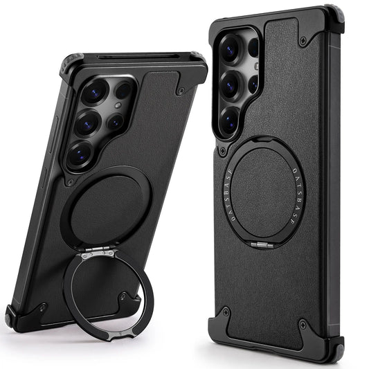 Samsung Galaxy S26 Ultra Metal Bumper Case, Frameless Leather Magnetic Invisible Stand Cover - Black