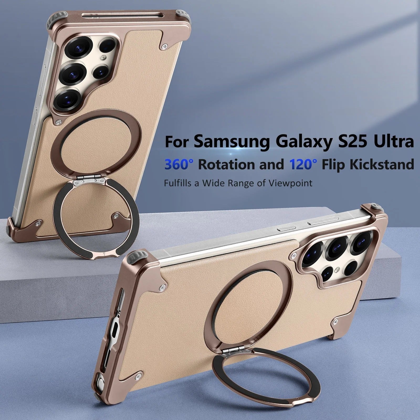 Samsung Galaxy S26 Ultra Metal Bumper Case, Frameless Leather Magnetic Invisible Stand Cover - Black
