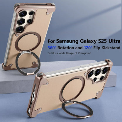Samsung Galaxy S26 Ultra Metal Bumper Case, Frameless Leather Magnetic Invisible Stand Cover - Black