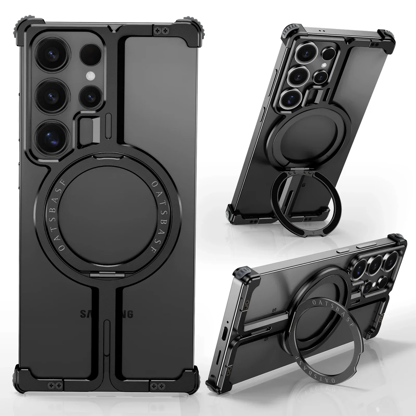 Samsung Galaxy S26 Ultra Metal Bumper Cover, T Shape with 360° Rotatable Kickstand & Magsafe - Black