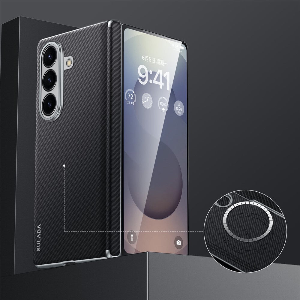 Samsung Galaxy Z Fold7 SULADA Carbon Fiber Case Magnetic Hinge Protection Leather Carbon Cover with Magsafe - Black