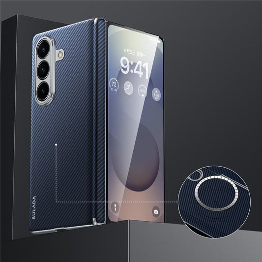 Samsung Galaxy Z Fold7 SULADA Carbon Fiber Case Magnetic Hinge Protection Leather Carbon Cover with Magsafe - Blue