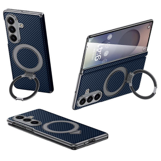 Samsung Galaxy Fold7 SULADA Magnetic Leather Case Carbon Fiber Texture Hinge Cover with Magsafe & Kickstand - Black (Only Back)