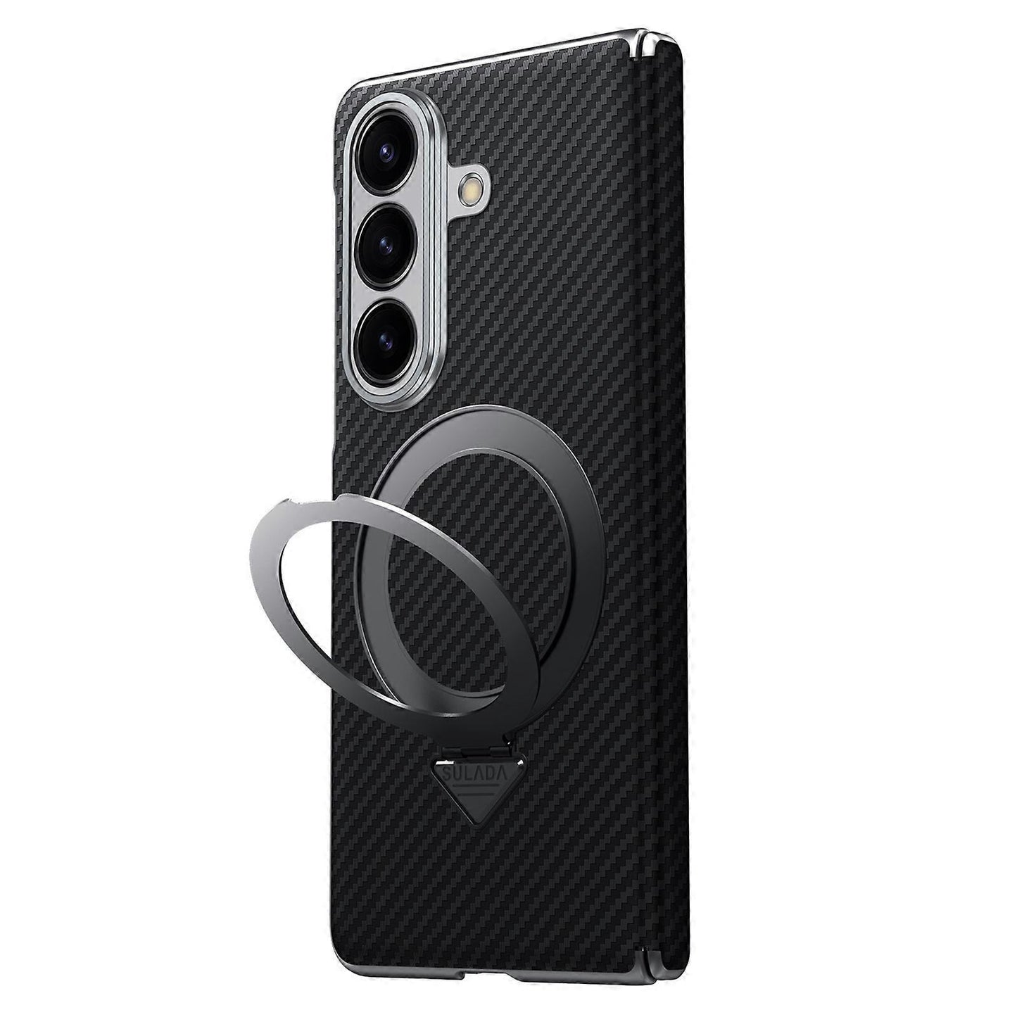Samsung Galaxy Fold7 SULADA Magnetic Leather Case Carbon Fiber Texture Hinge Cover with Magsafe & Kickstand - Black (Only Back)