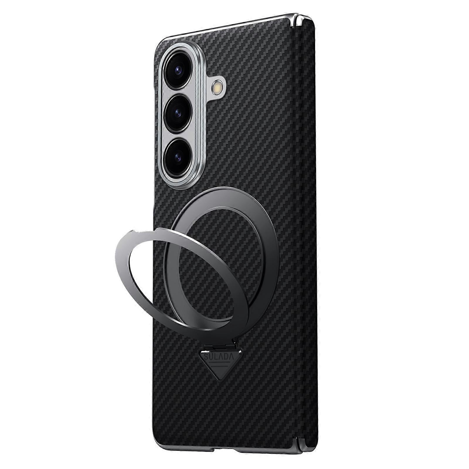 Samsung Galaxy Fold7 SULADA Magnetic Leather Case Carbon Fiber Texture Hinge Cover with Magsafe & Kickstand - Black (Only Back)