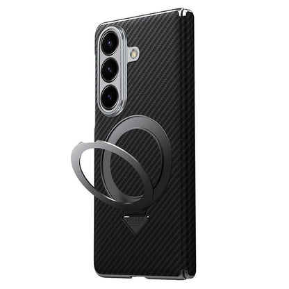 Samsung Galaxy Fold7 SULADA Magnetic Leather Case Carbon Fiber Texture Hinge Cover with Magsafe & Kickstand - Black (Only Back)