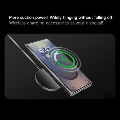Samsung Galaxy Fold7 SULADA Magnetic Leather Case Carbon Fiber Texture Hinge Cover with Magsafe & Kickstand - Black (Only Back)