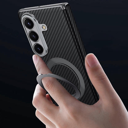 Samsung Galaxy Fold7 SULADA Magnetic Leather Case Carbon Fiber Texture Hinge Cover with Magsafe & Kickstand - Black (Only Back)