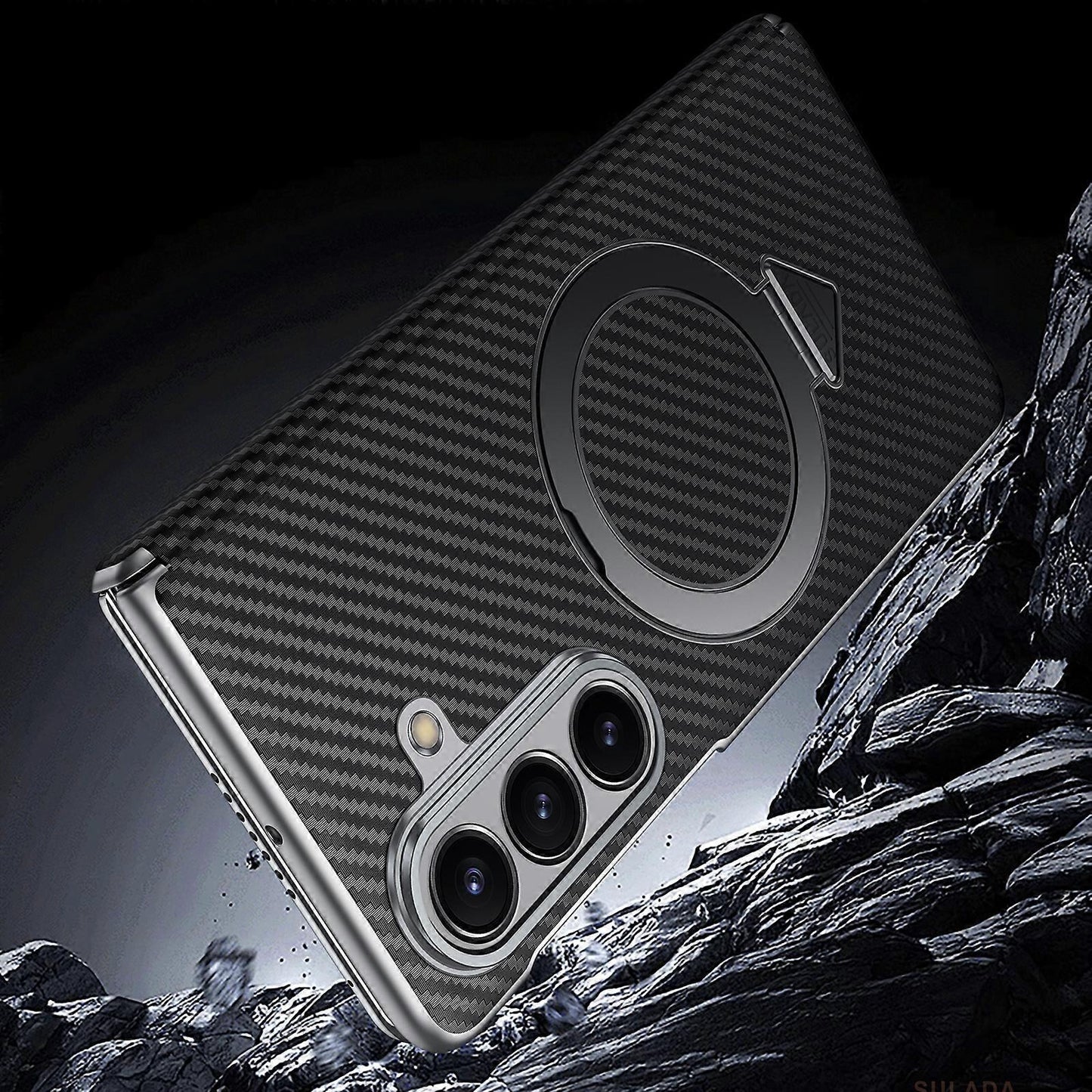 Samsung Galaxy Fold7 SULADA Magnetic Leather Case Carbon Fiber Texture Hinge Cover with Magsafe & Kickstand - Black (Only Back)