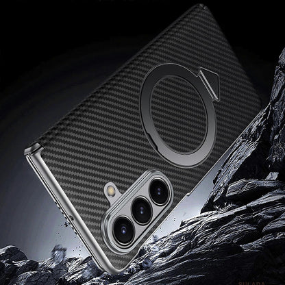 Samsung Galaxy Fold7 SULADA Magnetic Leather Case Carbon Fiber Texture Hinge Cover with Magsafe & Kickstand - Black (Only Back)