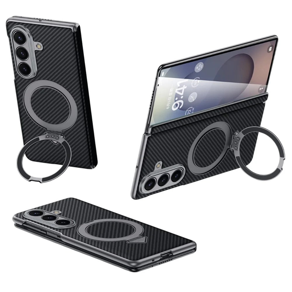 Samsung Galaxy Fold7 SULADA Magnetic Leather Case Carbon Fiber Texture Hinge Cover with Magsafe & Kickstand - Black (Only Back)