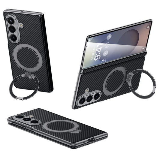 Samsung Galaxy Fold7 SULADA Magnetic Leather Case Carbon Fiber Texture Hinge Cover with Magsafe & Kickstand - Black (Only Back)