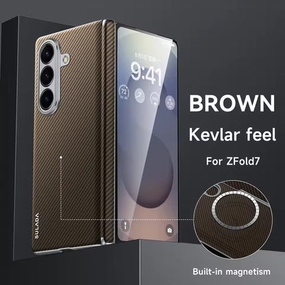 Samsung Galaxy Fold7 SULADA Magnetic Leather Case Carbon Fiber Texture Hinge Cover with Magsafe - Brown (Only Back)