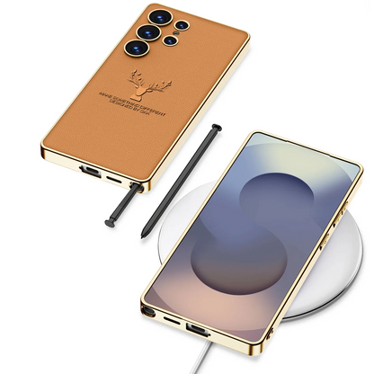 Samsung Galaxy S25 Ultra Deer Leather Case, Premium Designer Case Regal Stag Deer Electroplated Leather Case