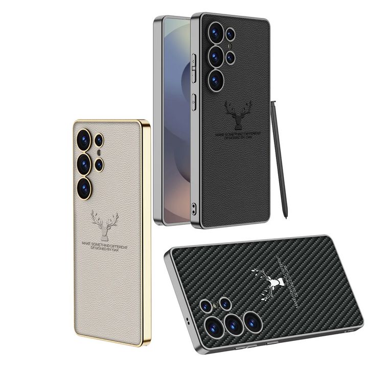 Samsung Galaxy S25 Ultra Deer Leather Case, Premium Designer Case Regal Stag Deer Electroplated Leather Case