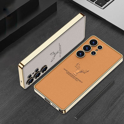 Samsung Galaxy S25 Ultra Deer Leather Case, Premium Designer Case Regal Stag Deer Electroplated Leather Case