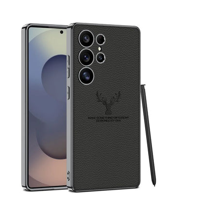 Samsung Galaxy S25 Ultra Deer Leather Case, Premium Designer Case Regal Stag Deer Electroplated Leather Case - Black