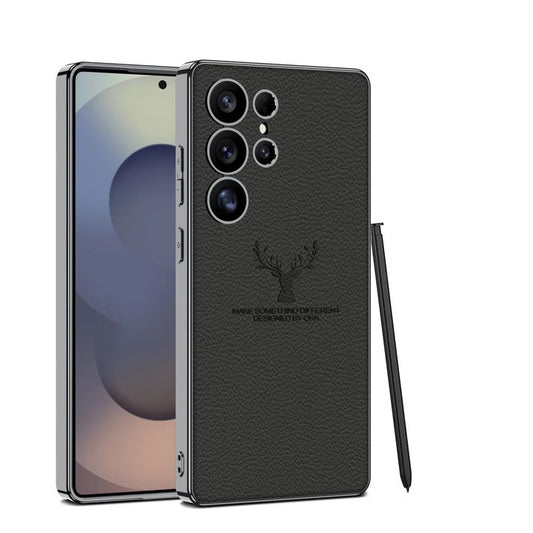 Samsung Galaxy S25 Ultra Deer Leather Case, Premium Designer Case Regal Stag Deer Electroplated Leather Case - Black