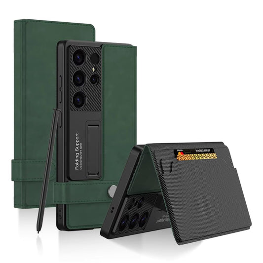Samsung Galaxy S25 Ultra Leather Flip Cover, Wallet Case with Kickstand, Hard PC Magnetic Flip Case with Card Holder Slot - Green