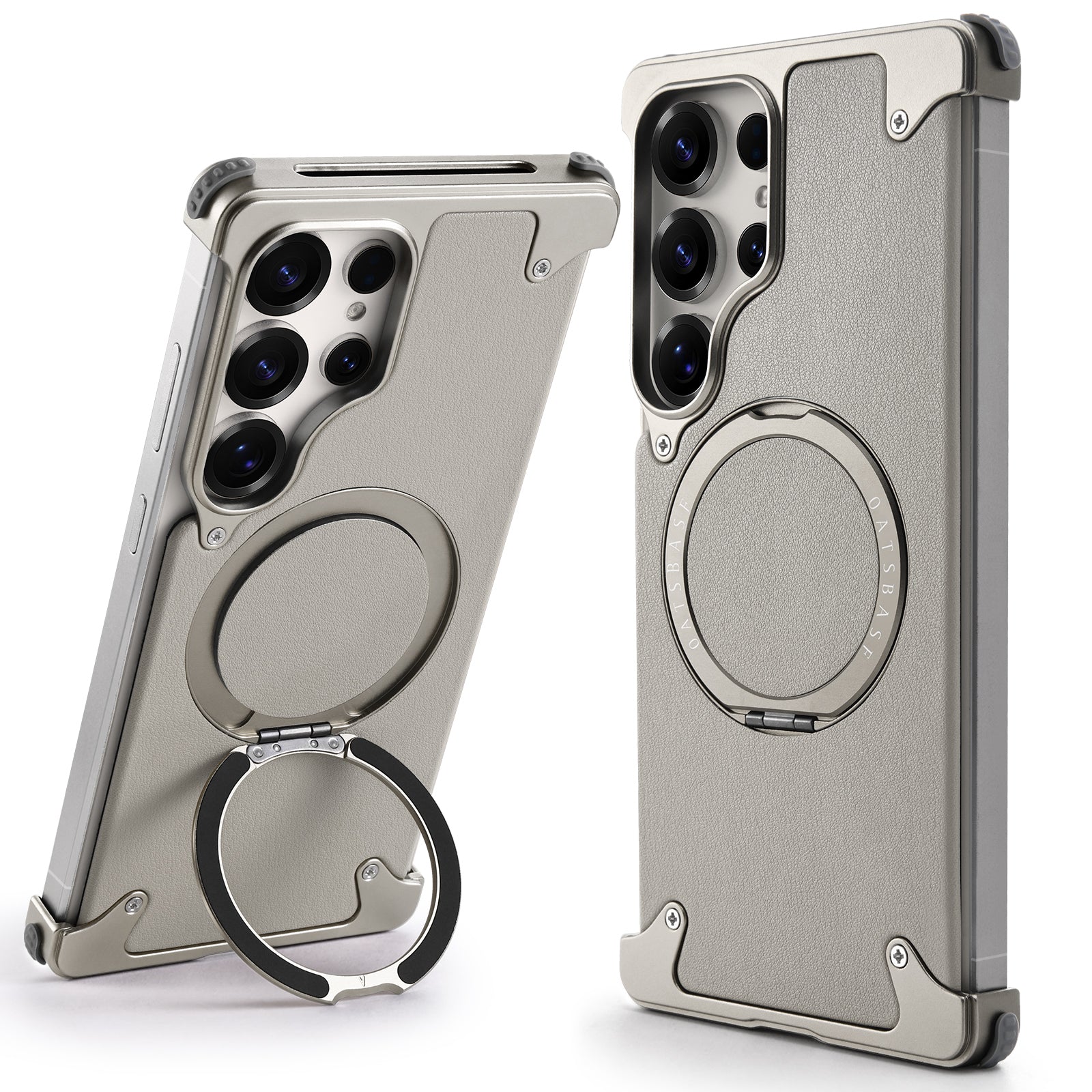 Samsung Galaxy S25 Ultra Metal Leather Case, Frameless Bumper Magsafe Strong Magnetic Kickstand with 360° Rotation Ring - Titanium Grey