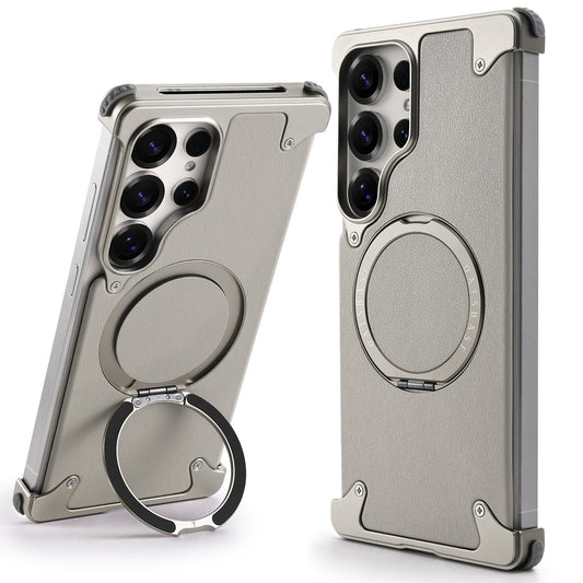 Samsung Galaxy S25 Ultra Metal Leather Case, Frameless Bumper Magsafe Strong Magnetic Kickstand with 360° Rotation Ring - Titanium Grey