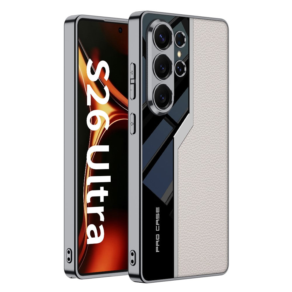 
Samsung Galaxy S26 Ultra Leather Cover, Shockproof Electroplated PU Half Leather + PC +TPU Glass Case (3 Colors)
