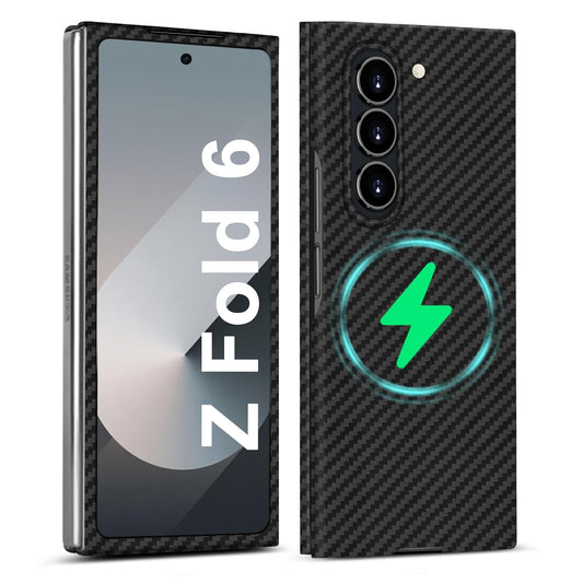 Samsung Galaxy Z Fold6 Carbon Case, 0.8mm Ultra Thin Carbon Fiber Kevlar 1500D Case with Magsafe & Front Glass - Black