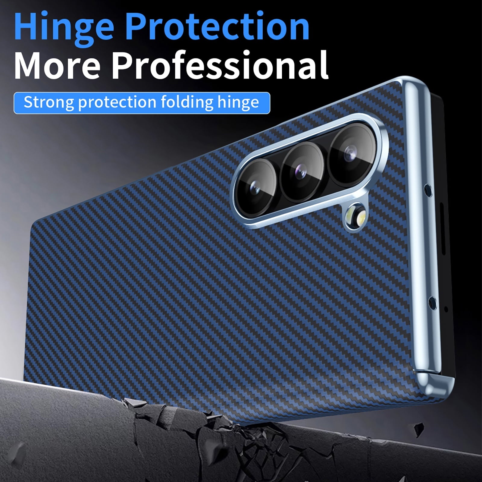Samsung Galaxy Z Fold6 Leather Carbon Textured Electroplated Case with Hinge Protection & Front Glass - Blue