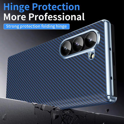 Samsung Galaxy Z Fold6 Leather Carbon Textured Electroplated Case with Hinge Protection & Front Glass - Blue