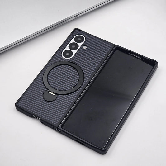 Samsung Galaxy Z Fold7 Carbon Case with Corner Bump and Magnetic Magsafe Ring Kickstand - Black