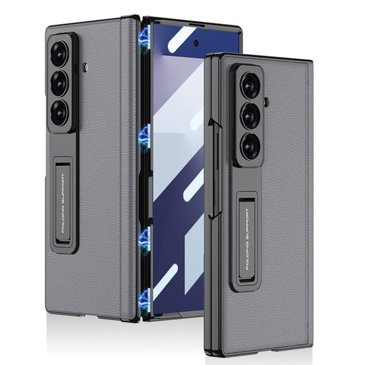 Samsung Galaxy Z Fold7 Leather Case, Phantom Series Kickstand Magnetic Hinge Protection - Titanium Grey