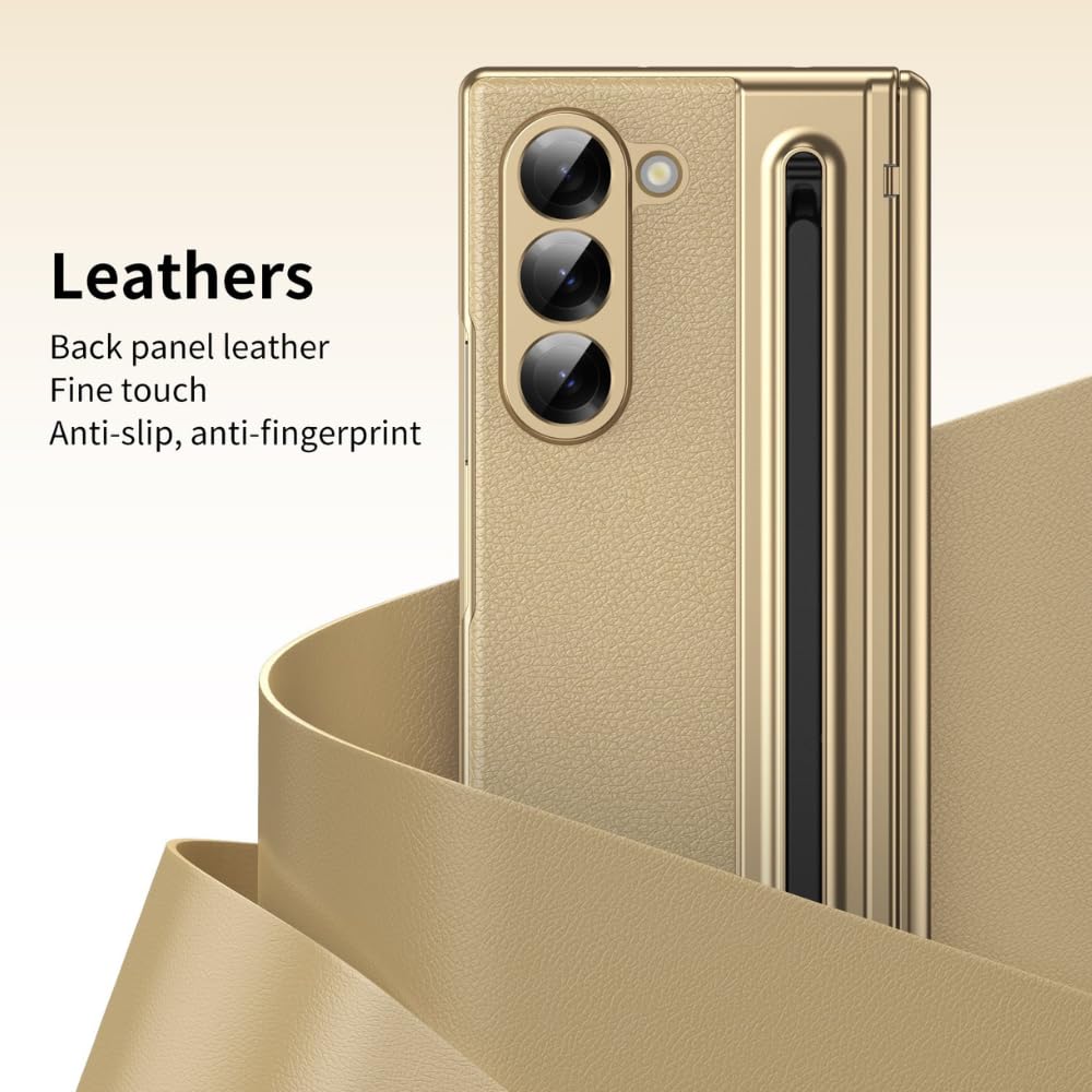 Samsung Galaxy Z Fold 6 Leather Case, Luxury Design Leather Case with Kickstand & Hinge Protection and in-Built Front Glass