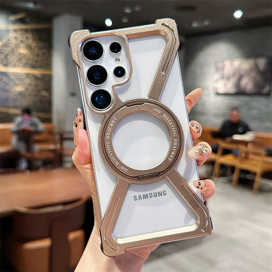Samsung Galaxy S24 Ultra Frameless Metal Bumper Case with Magsafe & 360° Rotatable Ring & Kickstand - Desert Titanium