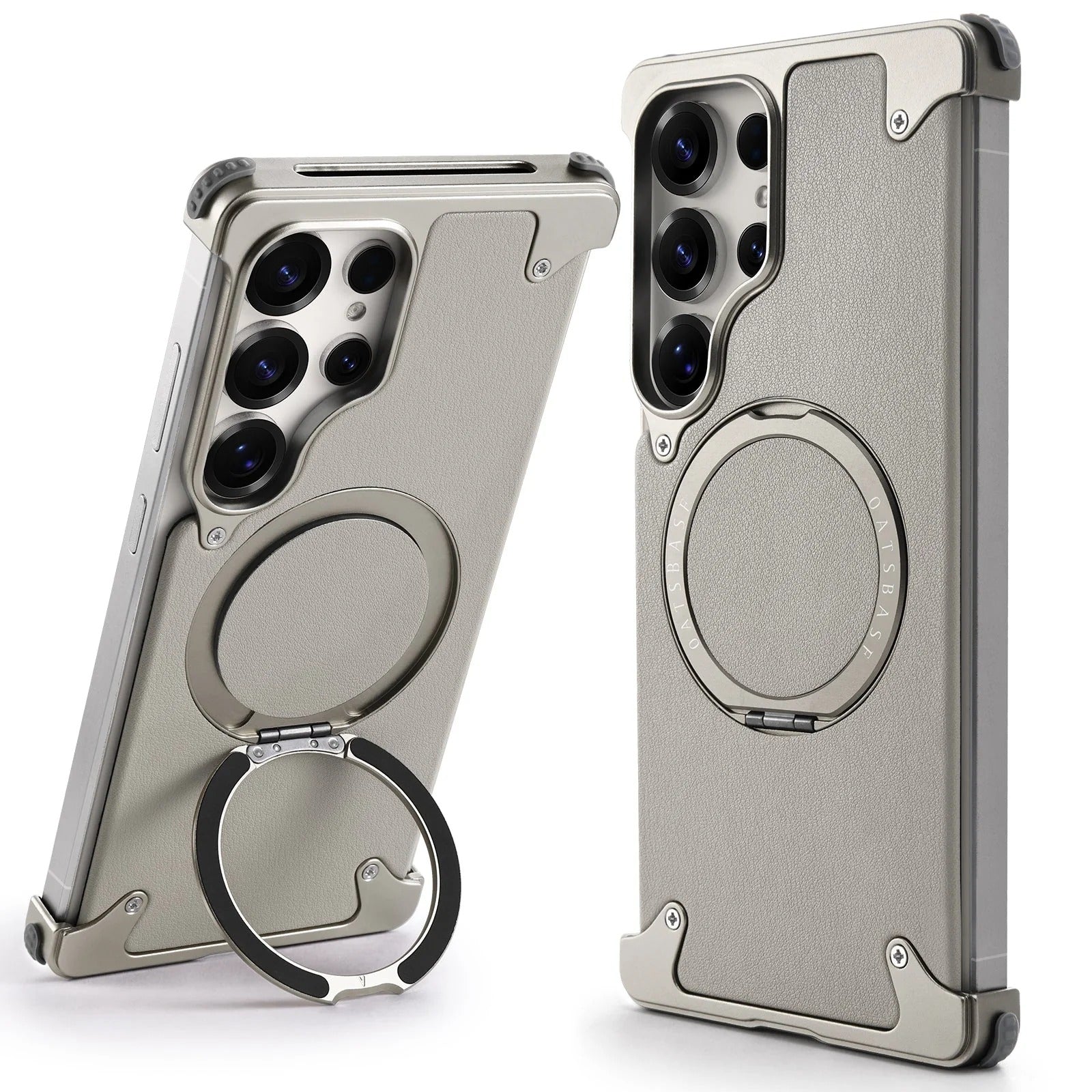 Samsung Galaxy S26 Ultra Metal Bumper Case, Frameless Leather Magnetic Invisible Stand Cover - Grey