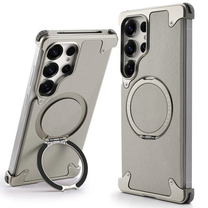 Samsung Galaxy S26 Ultra Metal Bumper Case, Frameless Leather Magnetic Invisible Stand Cover - Grey