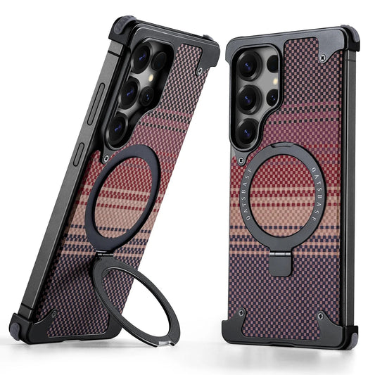 Samsung Galaxy S26 Ultra Metal Bumper Case, Frameless Leather Magnetic Invisible Stand Cover - Black