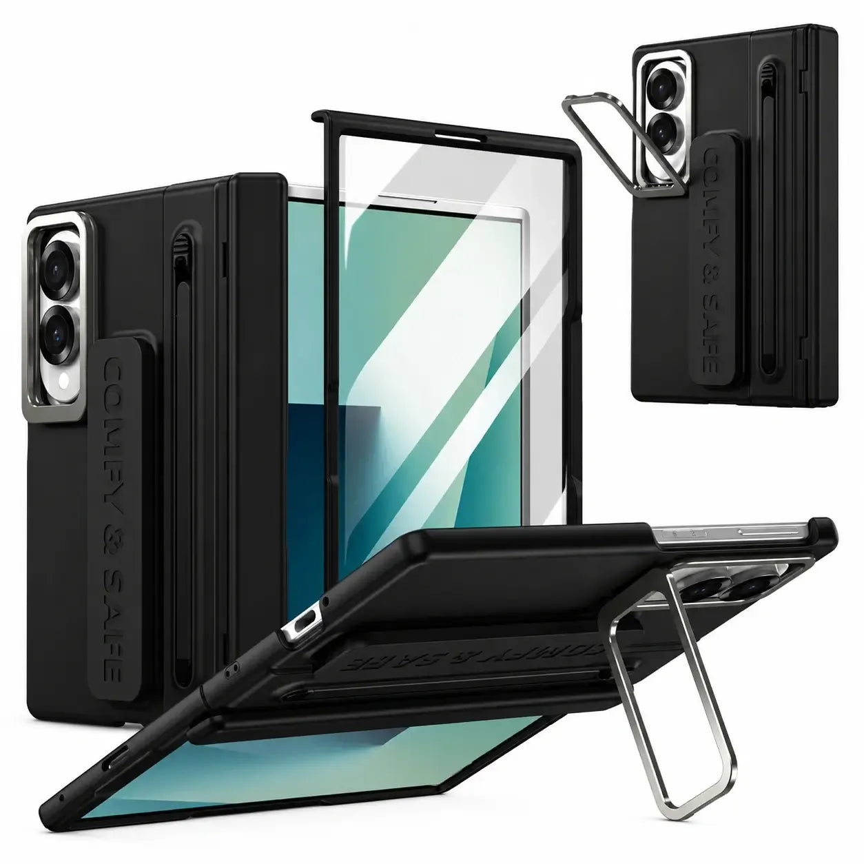 Samsung Z Fold8 Skin Feel S-Pen Case with Metal Camera Kickstand with Hinge Protection - Black